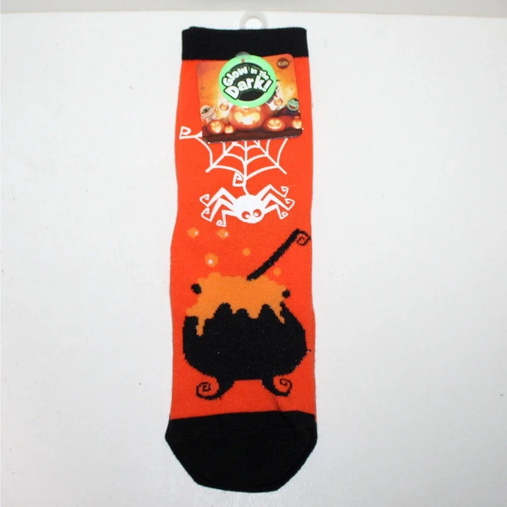 Kids Halloween Socks Glow In The Dark one size orange black unisex Spider bat